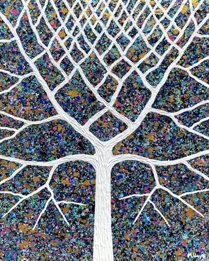 abstract textured white gum tree with a opal starry night sky inspired textured background