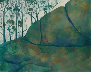Landscape painting of rounded granite boulders and slender gum trees in Girraween National Park. Cool emerald greens blues a…