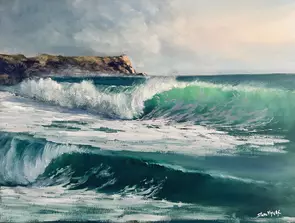 Cold water surfing West coast Tasmania by Steve Myers, Oil, Impressionism