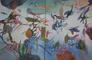 A calming artwork inspired by bright sunlight on the water's surface interacting with plants in a tiny section of a creek.&n…