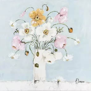 Still Life painting of spring poppies in a white vase.