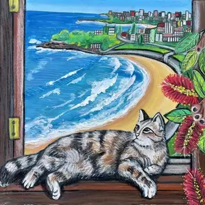 Bring the relaxed charm of Australian coastal living into your home with this original, colourful painting. A relaxed tabby …