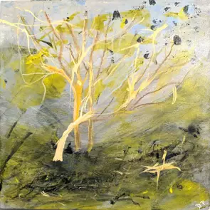 Bright peachy line work signifying abstracted Wandoo trees set amongst an abstracted windy landscape