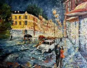 Romantic couple walking at night surrounded by bright shop and car light reflections bouncing off road and windows.