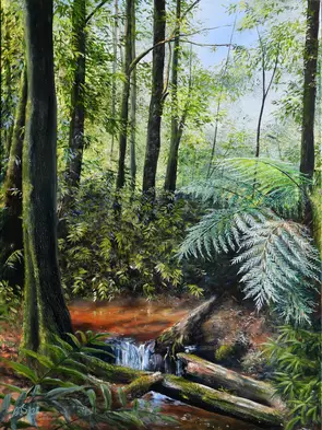 Tall mountain ash trees fill the background of this painting, with light coming through a clearing in the distance. In the f…