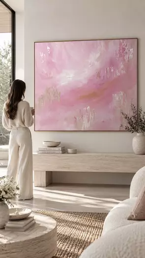 Blushing with Happiness by Alanah Jarvis, a dreamy pink abstract painting featuring soft blush, dusty rose and peach tones w…