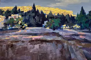 Sunrise at the Acropolis Framed by Fangmin Wu, Oil, Expressionism