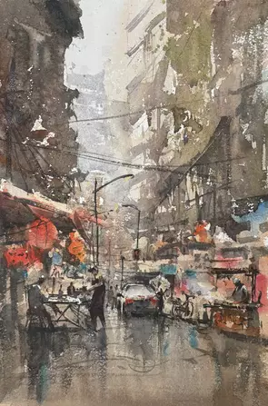 Light on the Old Street by Jianqiang Xu, Watercolour