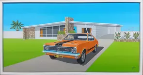 An orange Holden Monaro parked in the driveway of a Mid Century Modern home.