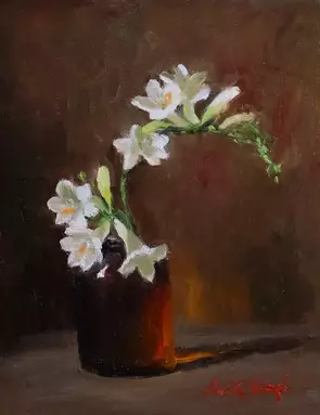 White Freesias flowers in an amber glass ,oil painting to suit modern, minimalist, rustic farmhouse coastal or Cottagehouse …