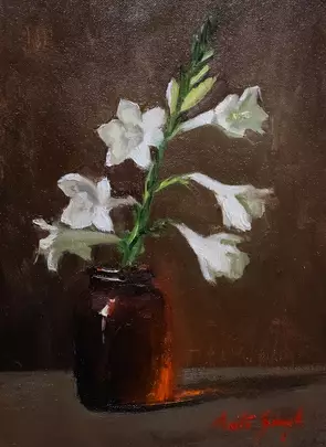 White Tuberose flowers in an amber glass ,oil painting to suit modern, minimalist, rustic farmhouse coastal or Cottagehouse …