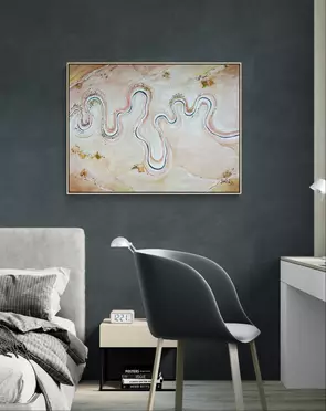 Between Ember and Earth by Tania Chanter is a textured, colourful earthy abstract aerial landscape painted in cream, white, …