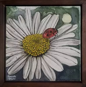Red ladybug crawling on a white daisy flower on a blue and green background