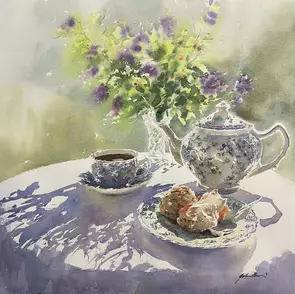 A watercolour painting of fresh flowers in a vase with a pot of tea and scones.