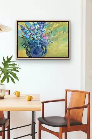 Blue and ochre abstract expressionistic floral artwork