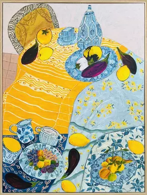 Large Still life on canvas of a dining table set up with lot of details in bright yellow and blue, framed