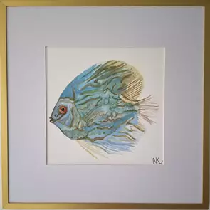 blue and brown fish in watercolour framed