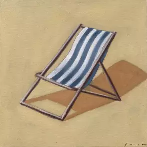 a blue and white striped deck chair in a yellow background