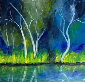 Dramatic blue, greens and yellows describe the rivers edge seen from the water. It shows a night time scene with the glow of…