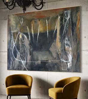 Abstract of dark shapes with light shapes, reminiscent of a moody landscape.