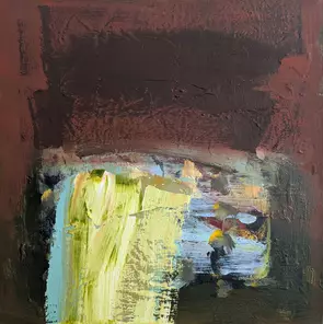 Bright green brushstroke against a dark ground