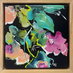 small colourful abstract botanical painting framed