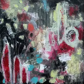 Bright abstract shapes in pinks, soft green and black