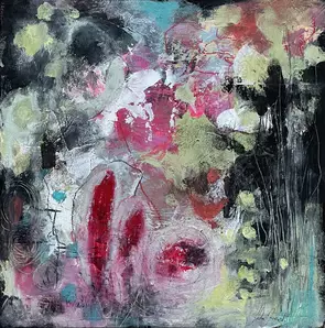 Bright abstract shapes in pinks, soft green and black
