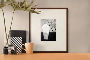 A black and white etching depicting an abstract composition divided into two distinct horizontal halves. The bottom portion …