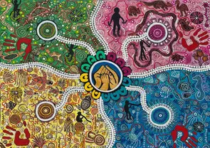 Vibrant Aboriginal-inspired artwork featuring pathways, gathering circles, animal tracks and red handprints, symbolising Cou…