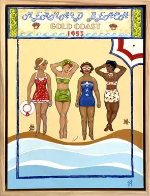 Four women wearing cute swimsuits from the 1950s sun themselves on the beach.