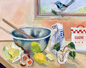A painting of ingredients to make a lemon drizzle cake