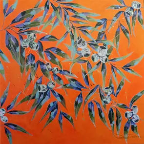 Bold green, purple and blue gum leaves gum nuts across a vivid orange background with splashes of gold.