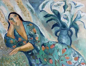Reclining woman in a flowery kimono and a vase of white lilies
