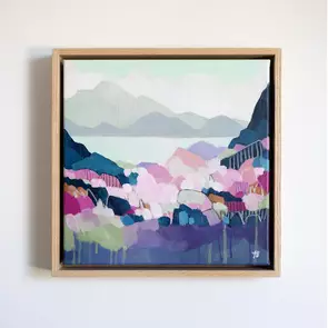 Small square painting on canvas, reflecting a mountainside with distant ranges in the background. Impressionist brushwork in…