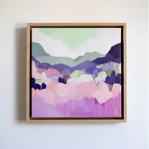 Small square abstract landscape painting on canvas, in bold pinks, purples, pale greens and peaches, with hand drawn lines a…