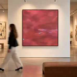 Layers of warm reds, coral, rose and deeper earth tones move across the surface, creating a sense of atmosphere and continua…