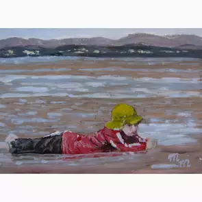 Miniature painting of a child playing on the shore.