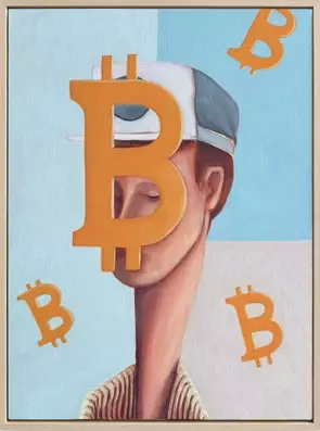 A framed painting of a figure with a long neck and closed eyes, wearing a white and blue cap. A large orange Bitcoin symbol …