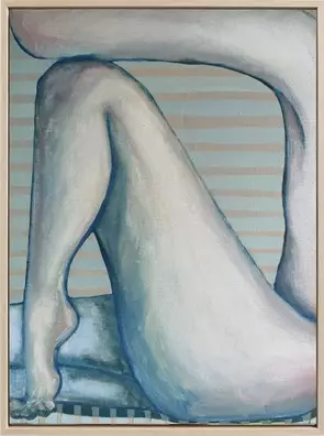 A framed painting of a nude figure curled on its side, legs bent and drawn up. Soft blue-grey skin against a background of p…