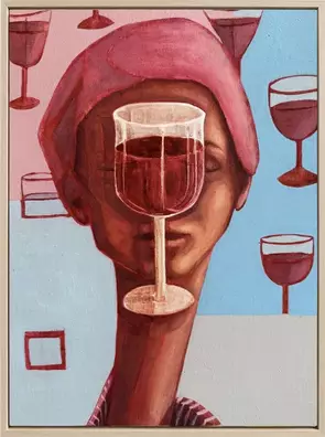 A framed painting of a figure in a pink headscarf, with a long neck and closed eyes. A large wine glass of red wine covers t…