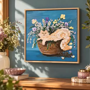 Original textured acrylic painting of a smug ginger-and-white fluffy cat reclining in a terracotta flowerpot surrounded by l…