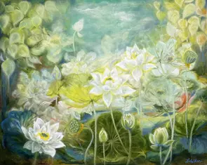 Oil painting of white lotus flowers, buds and broad green leaves above blue-green water, with soft yellow light and a subtle…