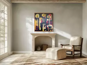 Rhythm of Black and Ochre is a commanding, large-scale abstract expressionist painting defined by a striking palette of deep…