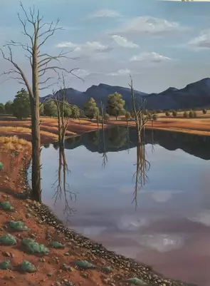 The peaks of Wilpena Pound reflected in the dam at Rawnsley Station, South Australia.