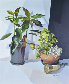 An elegant still life oil painting titled "Still Life with Succulents" by Nataliia Hudenko. It features an arrangement of tw…