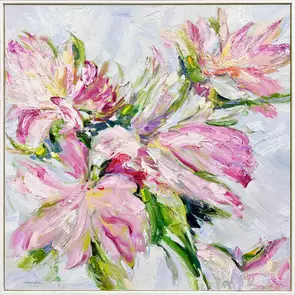 Soft pinks, luminous whites and subtle hints of yellow unfold against a cool, airy background, while vivid greens bring fres…