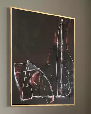 Abstract of figure shape in white line drawing style on black and muted background.