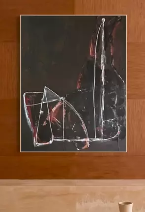 Abstract of figure shape in white line drawing style on black and muted background.