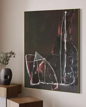 Abstract of figure shape in white line drawing style on black and muted background.
